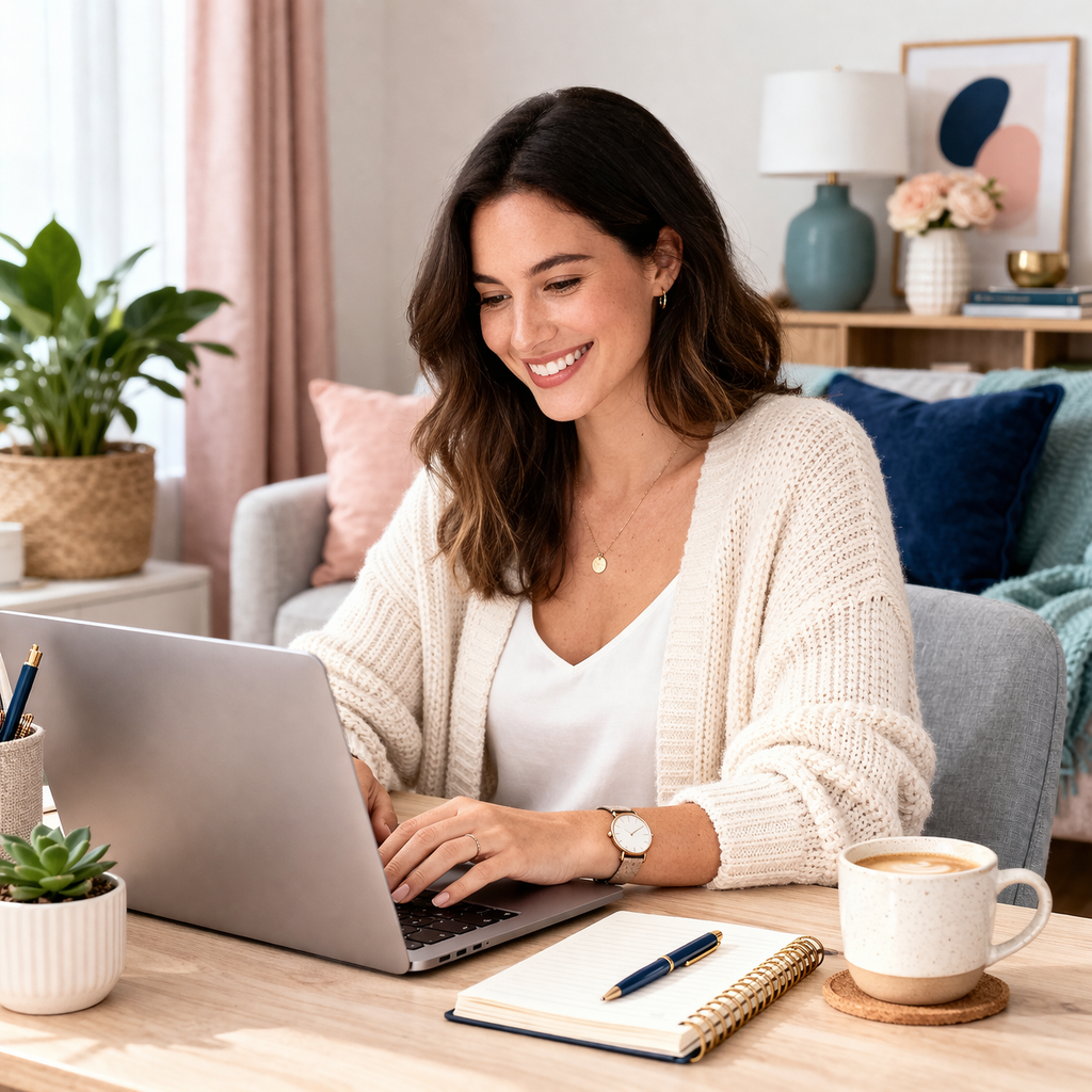 Woman working on a laptop in a bright home office